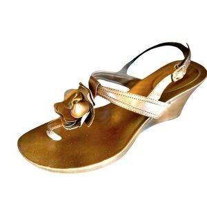 Madeline Stuart Metallic Gold Wedge Thong Sandals with Floral Accent